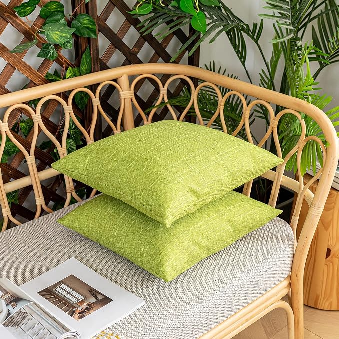 Kevin Textile Outdoor Waterproof 18”x18” Pillow Covers 2 Pack, Green | Water Resistant, Soft Faux Linen-cotton Yarn-dyed Woven Texture Throw Pillow Covers for Tent Patio Garden Couch Sofa
