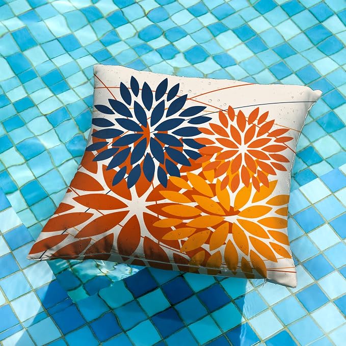 DFXSZ Pack of 2 Outdoor Waterproof Throw Pillow Covers 18x18 Blue Orange | Polyester Spring Summer Fall Floral Decorative Cushion Cases(NO INSERT),For Couch Patio Funiture Garden Home Decor