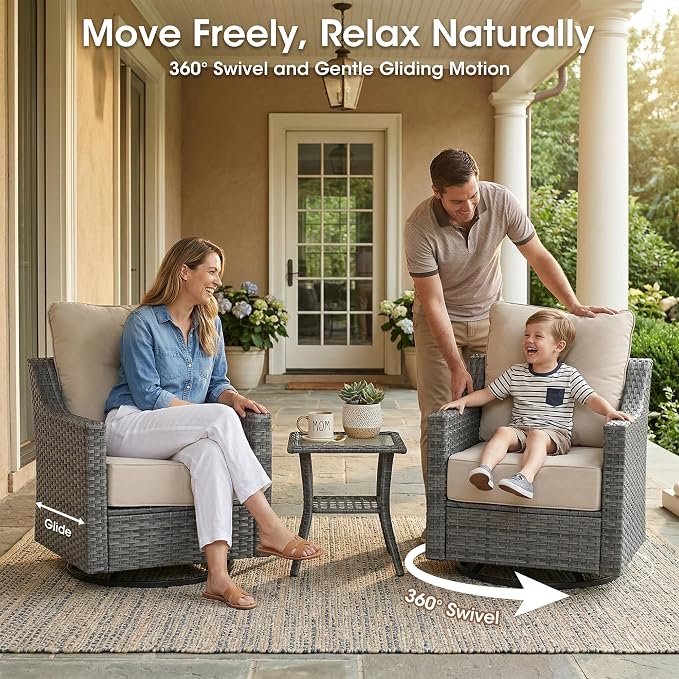 14 Piece Patio Furniture Set, Grey Wicker Outdoor Conversation Set with 4 Swivel Rocker Chairs, 4 Ottomans, 2 Sofas and 4 Side Tables, 6-Inch Thick Cushions, Beige Covers for Porch, Deck