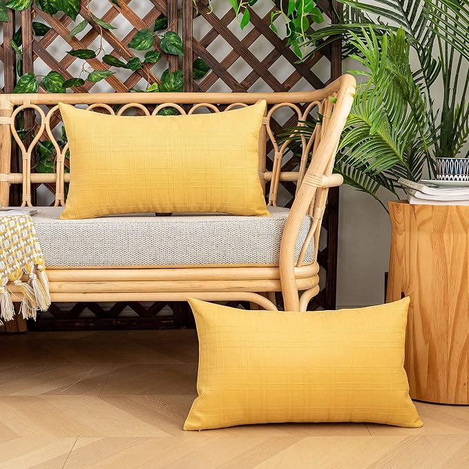 Kevin Textile Outdoor Waterproof 12”x20” Pillow Covers 2 Pack, Yellow | Water Resistant, Soft Faux Linen-cotton Yarn-dyed Woven Texture Throw Pillow Covers for Tent Patio Garden Couch Sofa