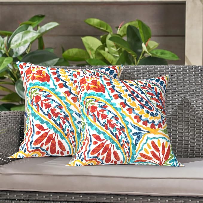 LVTXIII Outdoor Throw Pillows, Decorative Throw Pillows with Inserts, 16"x16" Square Pillows for Bed, Couch, Sofa and Patio Furniture, Set of 2, Paisley Multi