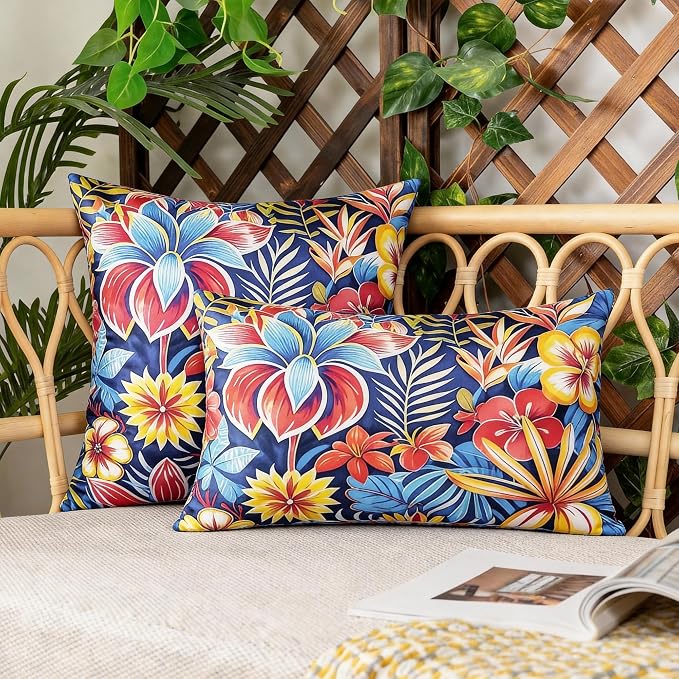 Outdoor Pillow Covers 12x20 Inch Set of 2, Tropical Floral Plants Modern Throw Pillows Cases, Spring Waterproof Square Garden Cushion Sham for Patio Funiture Tent Balcony Bench Sofa, Blue