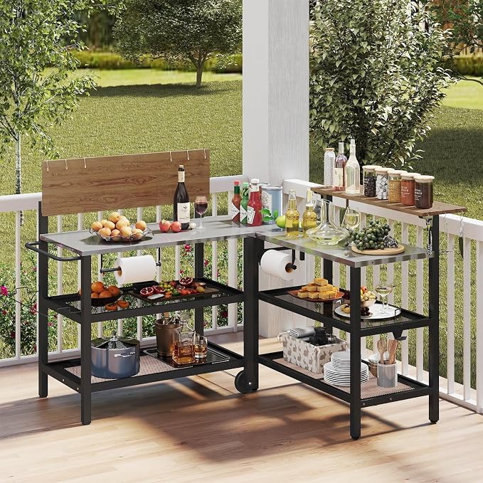 Giantex 2-Piece Outdoor Kitchen Grill Cart Set, Stationary Prep Table & Mobile Grill Cart with Wheels, Connectable L-Shaped Configuration, Flip-Up Bar Top, Foldable Side Table, BBQ Cooking Station