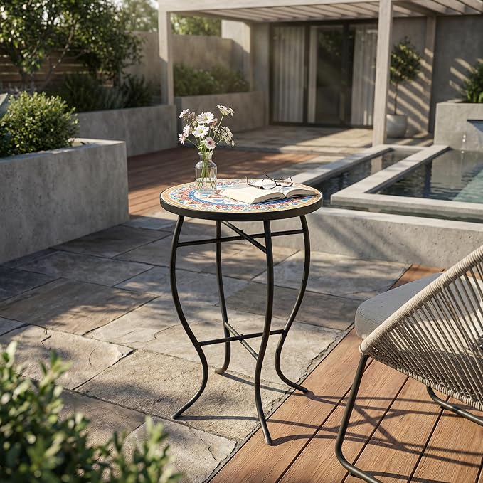 Colorful Floral Mosaic Tile Round Side Table, Boho Patio End Table with Curved Black Wrought Iron Legs, Weather Resistant Accent Table for Balcony Backyard Porch Living Room