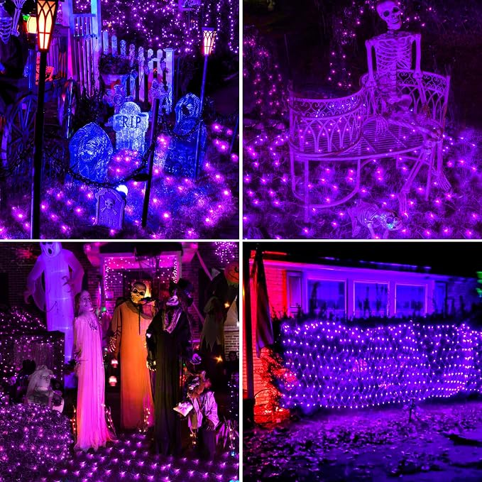 BlcTec Halloween Net Lights, 200 LED 8.4ft x 5.2ft Purple Halloween Lights with 8 Modes, Timer, Connectable, Waterproof and Green Wire Design for Trees, Bushes Outdoor Decorations