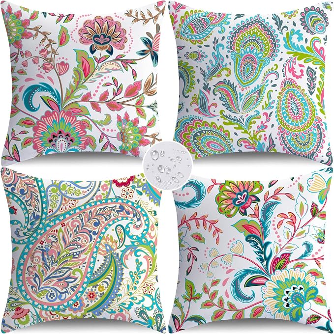NIGHTWISH Outdoor Waterproof Pillow Covers 16x16 Set of 4 Spring Summer Floral Boho Decorative Outdoor Throw Pillows Paisley Cushion Cases for Patio Furniture Bench Couch Sunbrella