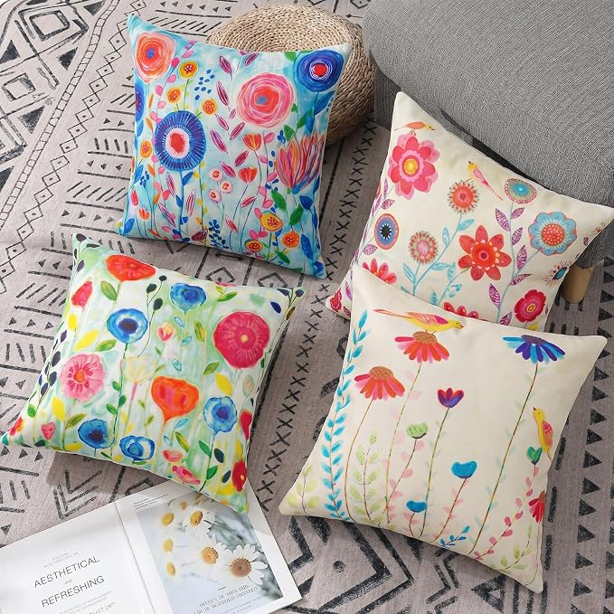 Colorful Floral Outdoor Throw Pillow Covers 18x18 Waterproof, Set of 4 | Floral Pillow Cases, Flower Decor, Spring Summer Outdoor Pillows for Patio Furniture Porch, No Decorative Pillow Inserts