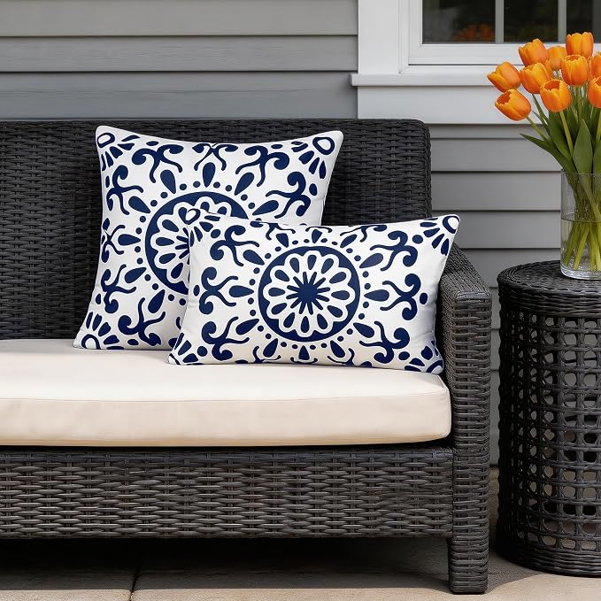 Set of 2 Navy Blue Outdoor Waterproof Pillow Covers 12x20 Inch | Morocco Tile Floral Decorative Throw Pillow Cover, Abstract Boho Outdoor Cushion Cases for Patio Funiture Garden Couch Bench