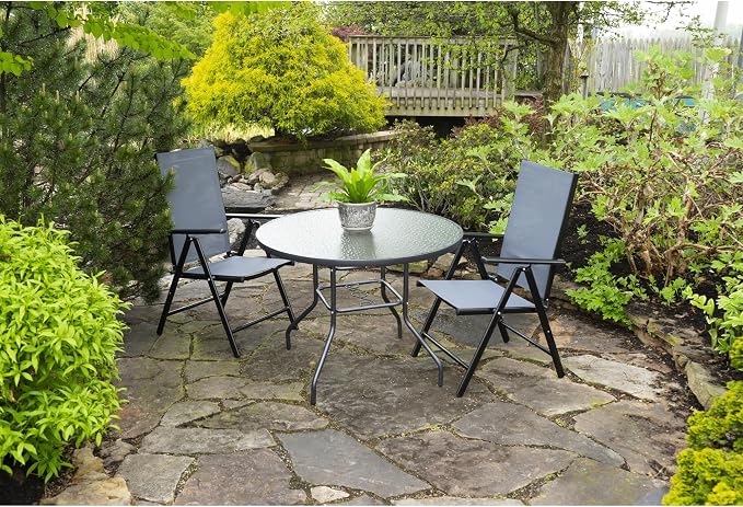 Garden Elements Outdoor Patio Furniture, Round Dining Table, Steel Base and Rim with Water-Wave Glass Top, Grey, 40"