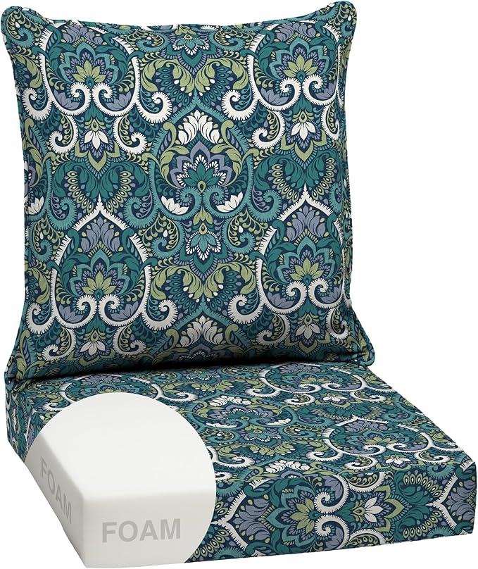 Arden Outdoor Deep Seat Cushion Set, Foam, 24x24, Blue Damask | Sofa, Couch, Conversation Set, Premium High-Density Foam, Never Flattens, Mold and Mildew Resistant