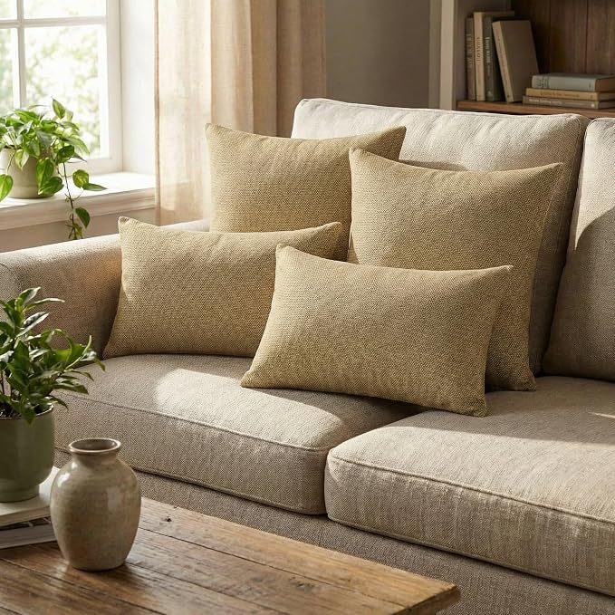RSH DECOR: Sunbrella Lumbar & Square Pillows Set of 4 | 20" x 12" & 17" x 17" | Water and Fade-Resistant Performance Fabric | Outdoor Throw Pillows | Made in USA (Sailcloth Sienna Tan)