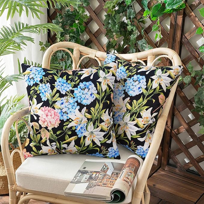 Merrycolor Pack of 2 Outdoor Waterproof Throw Pillow Covers 18x18 Summer Blue Pink Hydrangea Floral Decorative Square Pillowcase Outdoor Pillow Covers for Patio Furniture Garden