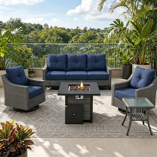 5 Pieces Patio Furniture Set, Weather-Resistant Wicker Swivel Rocker with Soft Cushions & Side Table,All Weather Outside Furniture with Ottoman for Porch, Garden, Backyard
