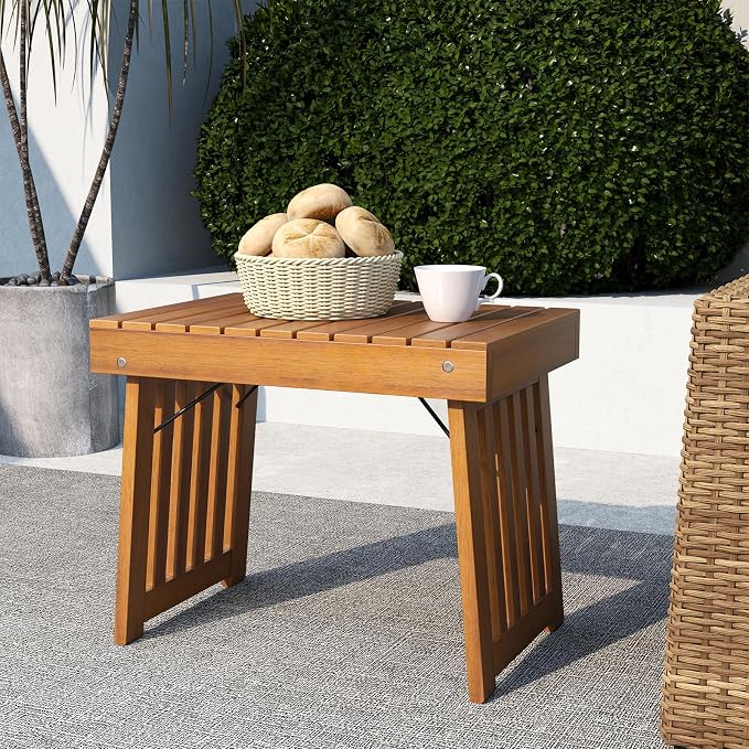 RELAX4LIFE Folding Outdoor Side Table - Acacia Wood Portable Patio End Table w/Slatted Tabletop, Outside Wooden Coffee Table for Backyard Balcony Porch Poolside Garden, Foldable Small Patio Table (2)