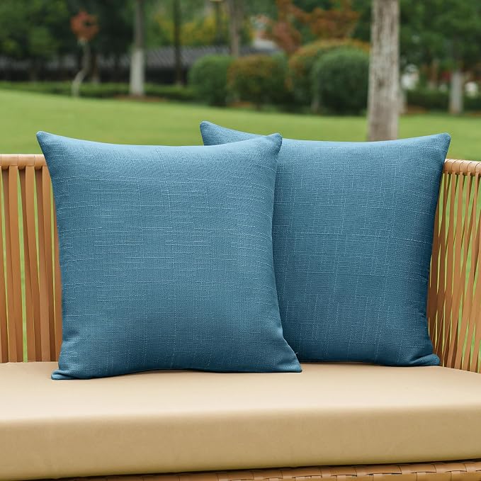 NiNi ALL Pack of 2 Decorative Outdoor Waterproof Pillow Covers Square Garden Linen Textured Cushion Sham Throw Pillowcase Set of 2 for Patio Farmhouse Garden Tent Couch 24x24 Inch Dark Blue