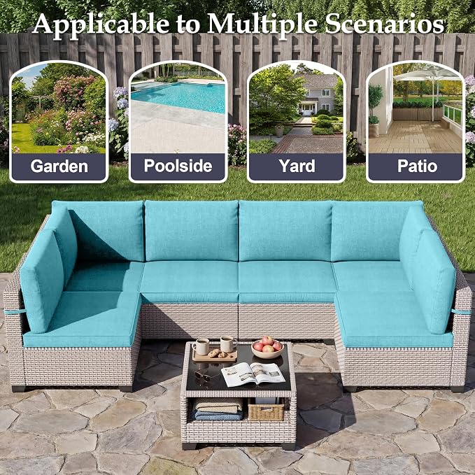 Patio Furniture Set, 8-Piece Outdoor Sectional Sofa with 60,000 BTU Fire Pit Table & 2-Layer Glass Coffee Table, Wicker Patio Conversation Set with Cyan Cushions