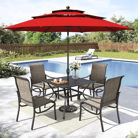 MFSTUDIO Outdoor Dining Set with Umbrella, Patio Dining Set for 4 Persons, Patio Furniture Set with Square Table & Textilene Chairs & Orange Red Umbrella (Base not Included)