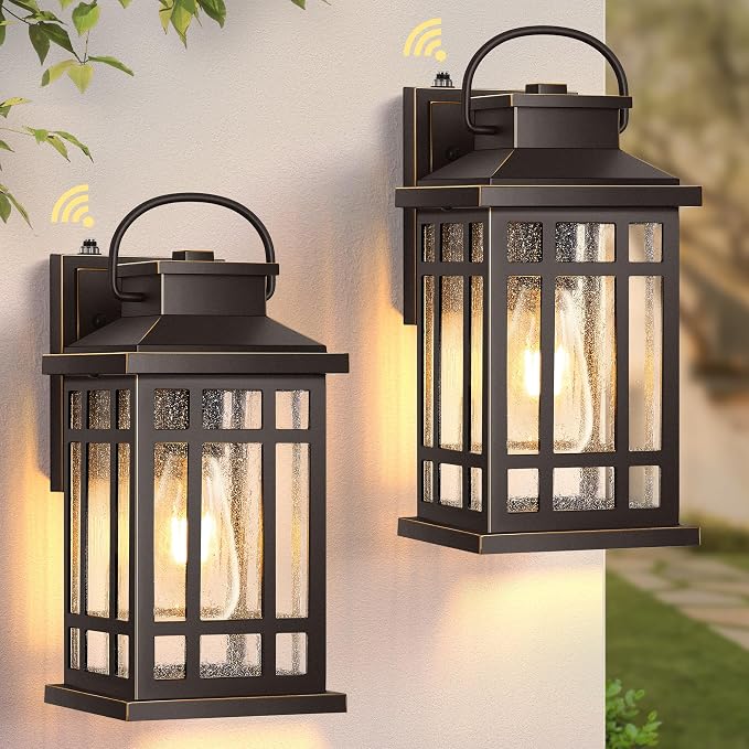 Dusk to Dawn Outside Lights, 2-Pack Oil Rubbed Bronze Exterior Lighting Fixtures with Gold Trim, Modern Patio Wall Sconce with Seed Glass, Waterproof Anti-Rust Outdoor Wall Light for Porch, Garage