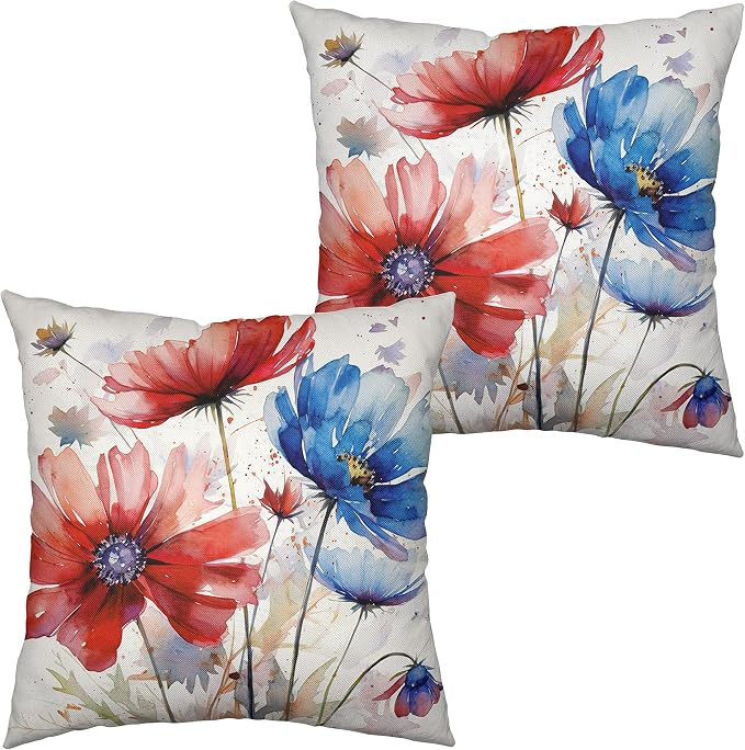 Summer Daisy Flower Throw Pillow Covers Watercolor Red Blue Floral Pillow Covers 20x20 for Living Room Home Decor Outdoor Modern Art Linen Cushion Covers