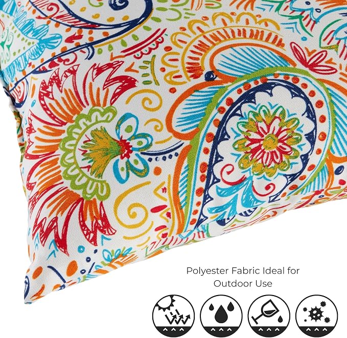 Set of 2 Outdoor Throw Pillows 19 x 12 Inch – Reversible Rectangle Patio Accent Pillows – Weather-Resistant Polyester Fabric – Eco-Friendly Recycled Polyfiber Fill – Jamboree Paisley