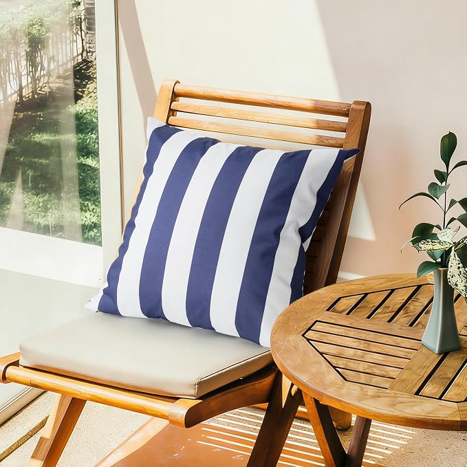 Outdoor Pillow Covers 20x20 Inch, Waterproof Throw Pillow Covers Pack of 2, Water-Resistant Decorative Pillow Case for Patio Furniture Tent Garden, Nautical Navy Blue White Stripes, Cover ONLY