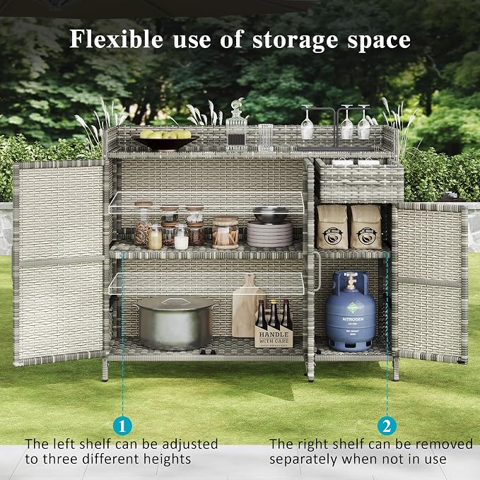 47.5" W Wicker Outdoor Storage Cabinet with Tempered Glass Desktop, Adjustable Shelf, Drawer, and Three Doors – Weather-Proof Rattan Bar Table for Outdoor Cushions and Pool Toys