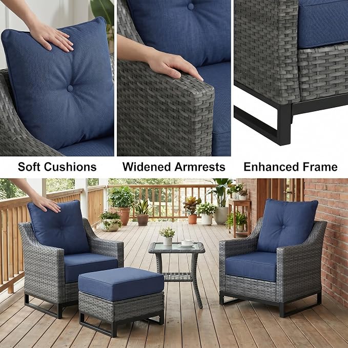 3 Pack Patio Furniture Set with 6" Thick Cushions, Dienspeak Rattan Wicker Patio Set with Two Outdoor Chairs and Table, High Back Rattan Chair with Comfy Cushions for for Porch, Garden Poolside Balcon