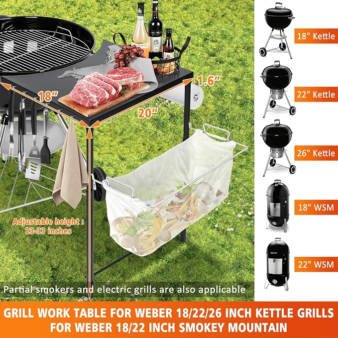 Grill Side Table for Weber Kettle 22/26, for Weber Smokey Mountain 22 Grill, Grill Work Table for Weber Master Touch, Premium, Kettle Grill Accessories, Adjustable Height Charcoal Kettle Grill Table