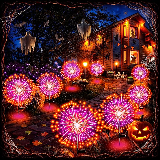 Tujoe 8 Pcs Halloween Solar Firework Stake Lights 180 LED 8 Modes Solar Waterproof LED Sparkler Lights Outdoor Decoration for Garden Patio Yard Pathway Walkway Lawn(Orange-Purple)