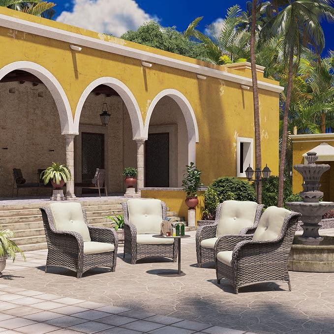Outdoor Wicker Chair Rattan Patio Dining Chairs Set of 4 PE Wicker Patio Chairs with 3.5 inch Seat Cushions Patio Seating Chair for Garden, Backyard Swimming Pool, Balcony, Beige
