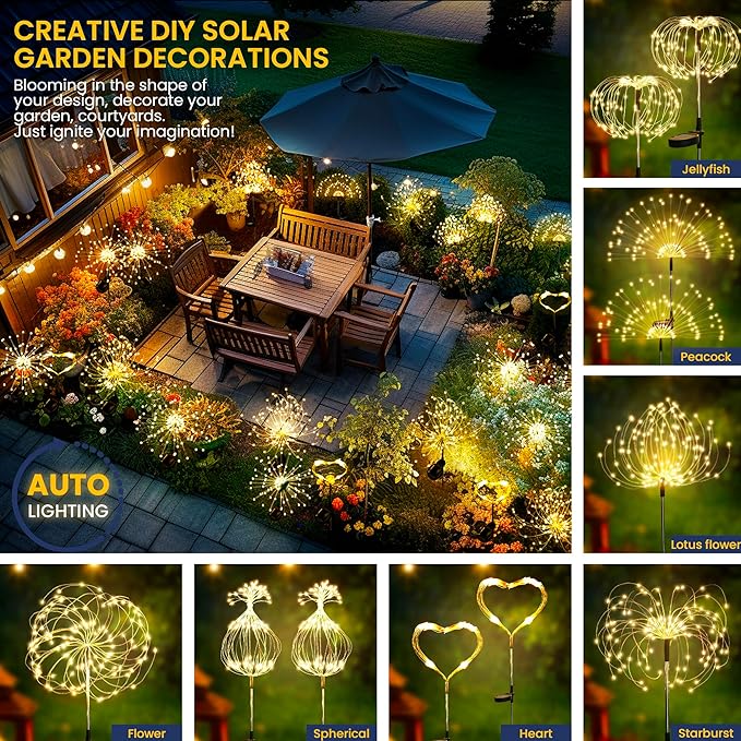 GIGALUMI 4 Pack Solar Firework Lights Outdoor, Garden Decor, Warm White | 120 LEDs, Fairy Design, Waterproof, Garden Decor, Solar Powered for Yard, Pathway, Flowerbed, Planter, Balcony, Gifts for Mom