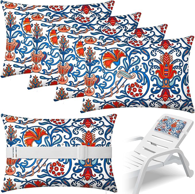 Lineshading 4 Pcs Chaise Lounge Pillow with Strap Outdoor Waterproof Pool Chair Neck Headrest Pillows with Adjustable Elastic Band for Beach Patio Chair Recliner(Orange Blue,Paisley)