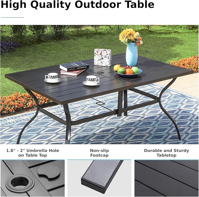 MFSTUDIO Outdoor Patio Dining Table, 6 Person Metal Patio Furniture Table with 1.57" Umbrella Hole for Deck,Backyard,Lawn,Garden (Black)