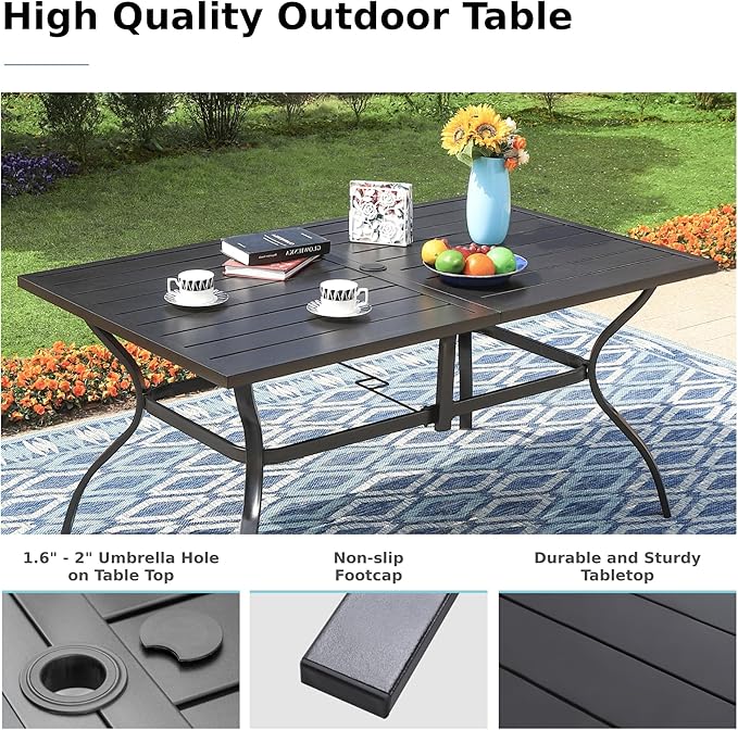 MFSTUDIO Patio Dining Set for 6, Outdoor Furniture Set with Navy Umbrella (Base not Included), Rectangle Metal Table and 6 Swivel Chairs for Patio, Deck, Backyard, Garden