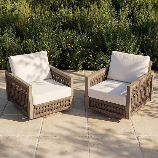 2 Pieces Patio Swivel Chair, Rope Weave Outdoor Chair with Widened Armrests & Thick Cushions, All-Weather Never-Rust Aluminum Deep Seating Armchair for Garden, Porch, Deck, Gray Oak