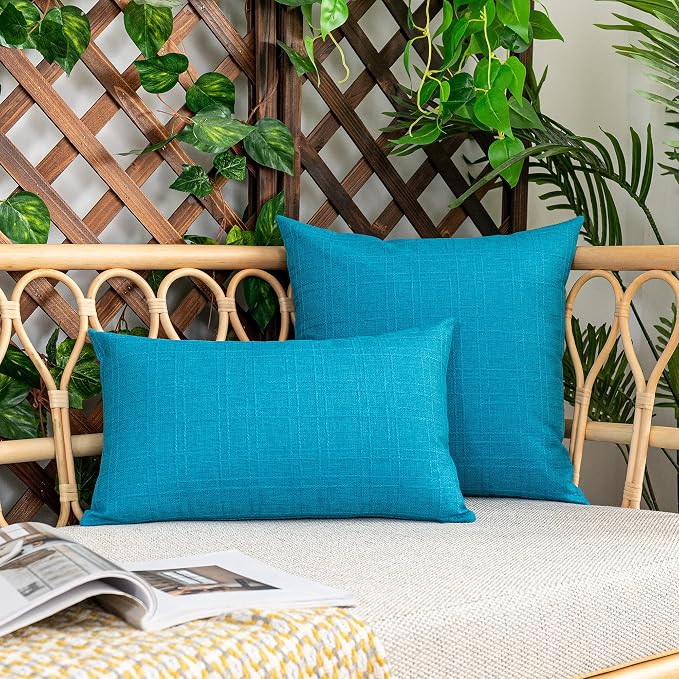 Kevin Textile Outdoor Waterproof 18”x18” Pillow Covers 2 Pack, Peacock Blue | Water Resistant, Soft Faux Linen-cotton Yarn-dyed Woven Texture Throw Pillow Covers for Tent Patio Garden Couch Sofa