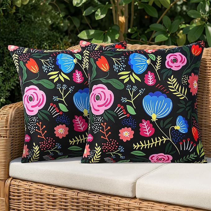 Pyonic Waterproof Outdoor Pillow Covers 18x18 Set of 2, Colorful Floral Decorative Cushion Covers for Patio Furniture, Garden, Balcony,Sunbrella， Boho Nordic Outdoor Indoor Home Decor,Black