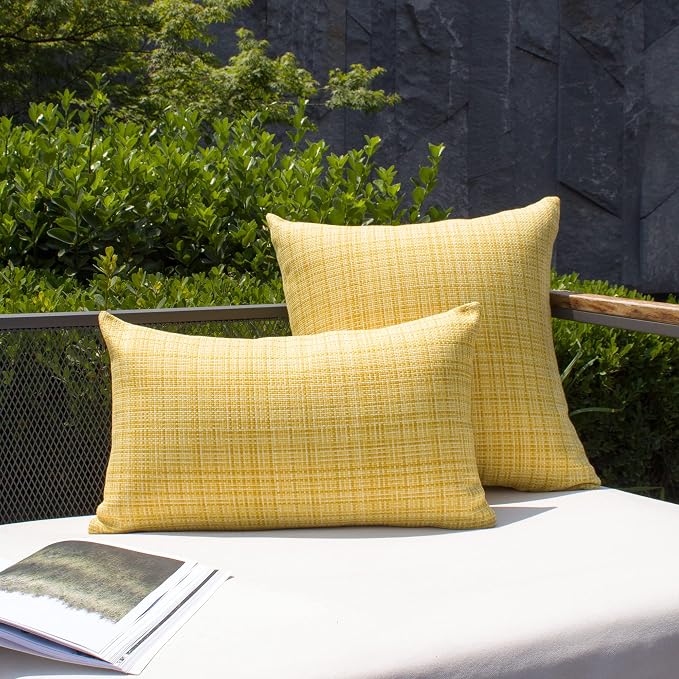 Kevin Textile Outdoor Waterproof 20x20 Inch Pillow Covers 2 Pack, Yellow | Water Resistant, Faux Linen Yarn-dyed, Woven Texture Throw Pillow Covers for Tent Patio Garden Couch Sofa
