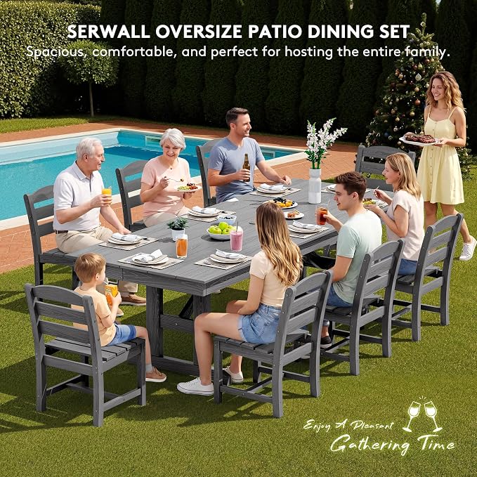 SERWALL Outdoor Armless Dining Chairs Set of 2, All-Weather HDPE Patio Chair with 19.7" Widened Seat, for Backyard, Garden, Gray