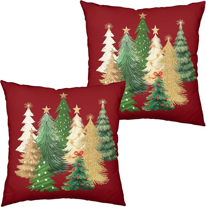 Red Christmas Pillow Covers 22x22 Set of 2 Gold Green Xmas Tree Pillow Case Winter Holiday Throw Pillow Covers Double Sided Printing Decorative Cushion Case for Couch Sofa