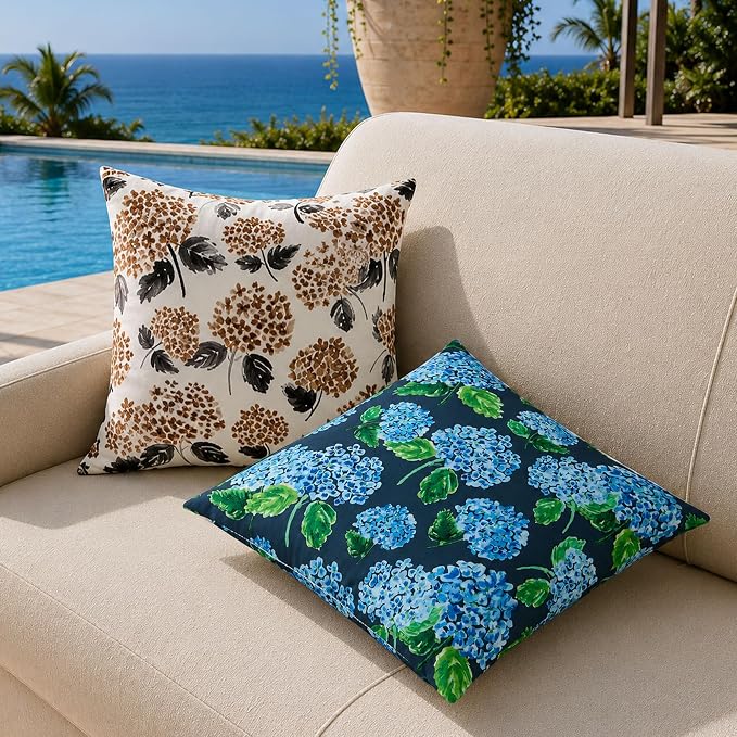 DFXSZ Outdoor Pillow Covers 18x18 Inch Set of 2 Navy Blue Hydrangea Decor Waterproof Throw Pillow Covers Spring Summer Outdoor Waterproof Pillowcases Decor for Patio Funiture Garden Sofa Couch 026B18