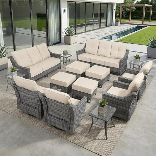 14 Piece Patio Furniture Set, Grey Wicker Outdoor Conversation Set with 4 Swivel Rocker Chairs, 4 Ottomans, 2 Sofas and 4 Side Tables, 6-Inch Thick Cushions, Beige Covers for Porch, Deck