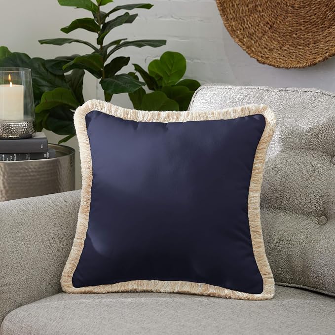 Sorra Home x Sunbrella Trim Fringe Pillow, 18 x 18 x 6 inches, Canvas Navy/Tan and White