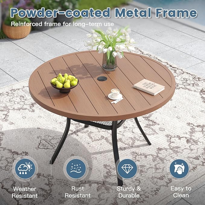 DIFY 7 Piece Outdoor Dining Set, 48" Walnut Round Metal Patio Table and Brown Textilene Stackable Chairs for 6, All Weather Patio Furniture Set with Umbrella Hole for Backyard Garden Deck