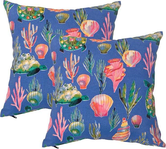 Outdoor Pillow Covers 18x18 Set of 2 Deepsea Blue Reef Print, Waterproof & UV Resistant Polyester for Patio, Couch, Porch, Spring & Summer Ocean Decor