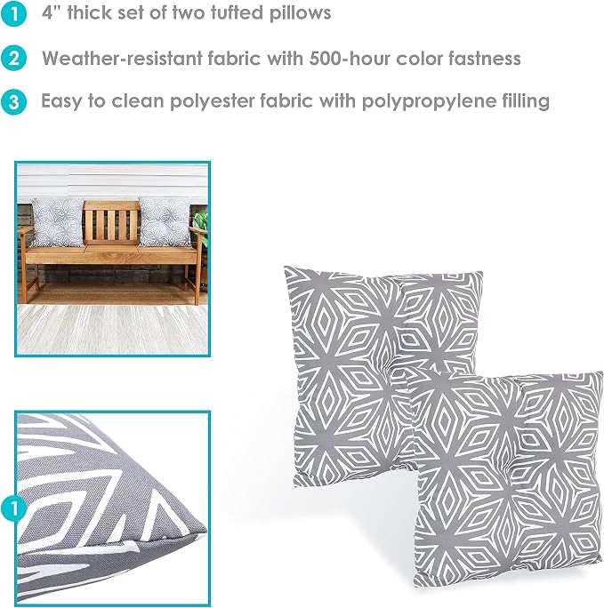 Sunnydaze Tufted Indoor and Outdoor Decorative Throw Pillows - 19-Inch Square Patio Cushions Set of 2 - Weather-Resistant Polyester - Gray Geometric