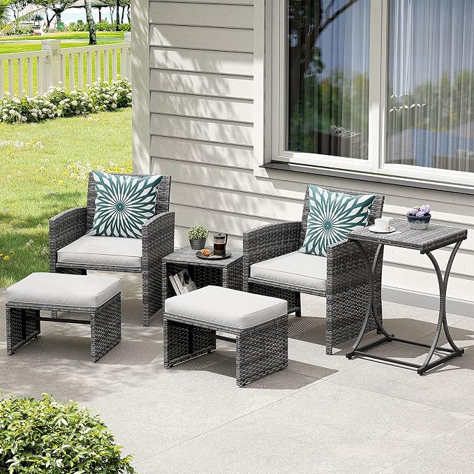 OC Orange-Casual 6 Piece Patio Furniture Conversation Set with Ottoman, Outdoor Grey Wicker Chair and Table Set, Balcony Furniture for Apartments, White