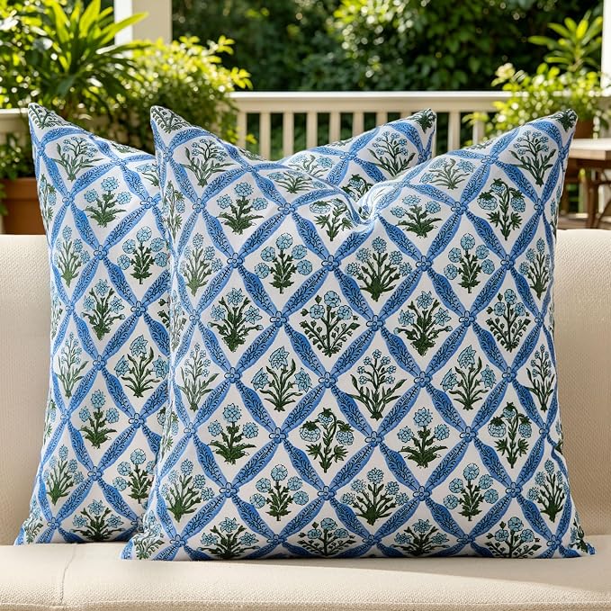 Allorry Floral Outdoor Pillow Covers 16x16 Blue Outdoor Waterproof Decor | Set of 2 Vintage Floral Block Print Pillow Cover,Farmhouse Boho Decorative for Spring Summer Outdoor Sofa Bedroom Decor