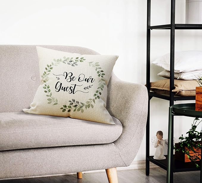 Be Our Guest Throw Pillow Case, for Guest Room Decorative Pillow Case, 18 x 18 Inch Decorative Cotton Linen Cushion Cover for Guest Bedroom Sofa Couch Bed, Housewarming Gifts Family Room Decor