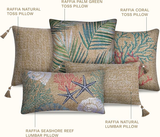 Honeycomb Outdoor Lumbar Pillows for Patio Furniture, 12 x 19, 2-Pack | Raffia Seashore Reef Throw Pillows, Water & Fade Resistant for Patio Furniture Set, 2-Pack